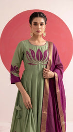 Premium chinon designer zardosi handwork Anarkali suit set in green n purple