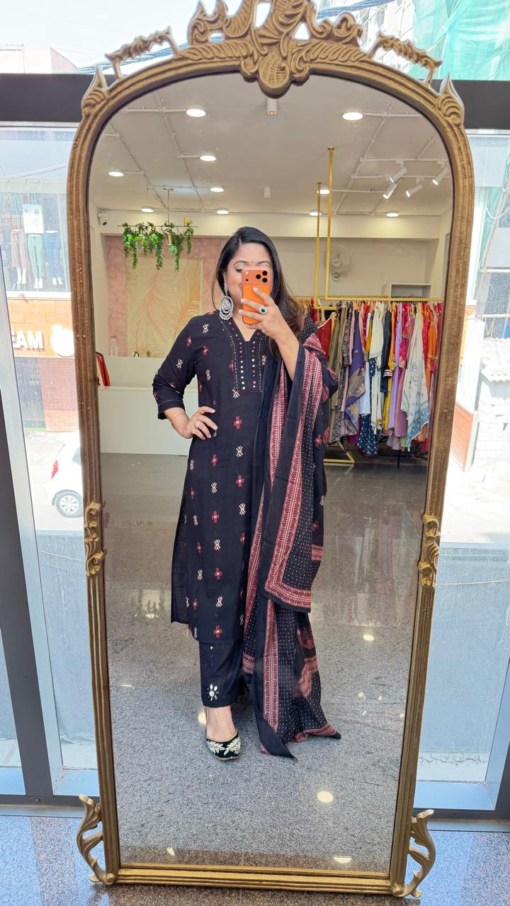 Ikkat print , full mirror work on pants black full suit set set