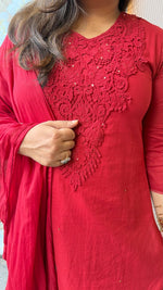Silly cotton lace detailing full suit set with pockets in pant in red
