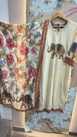 Wow Russian silk Kalamkari with beautiful handwork on yoke suit set with elephant motive on front n back