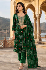 Pretty emerald green gotta detailing silk bandhani green suit set