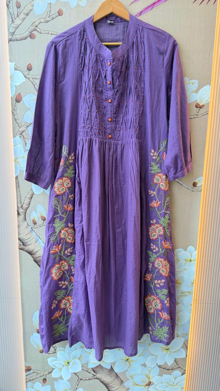 Smart cotton embroidered pintex detailing suit set in purple