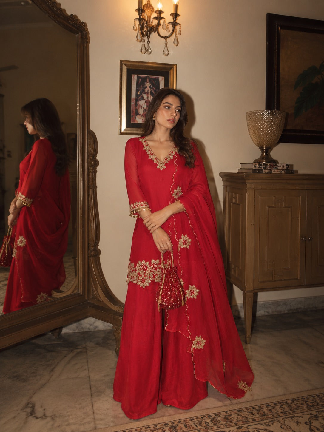 Premium chinon zari applique suit set in red