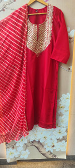 Viscose silk gotta detailing plazzo suit set paired with shiffon dupatta in red