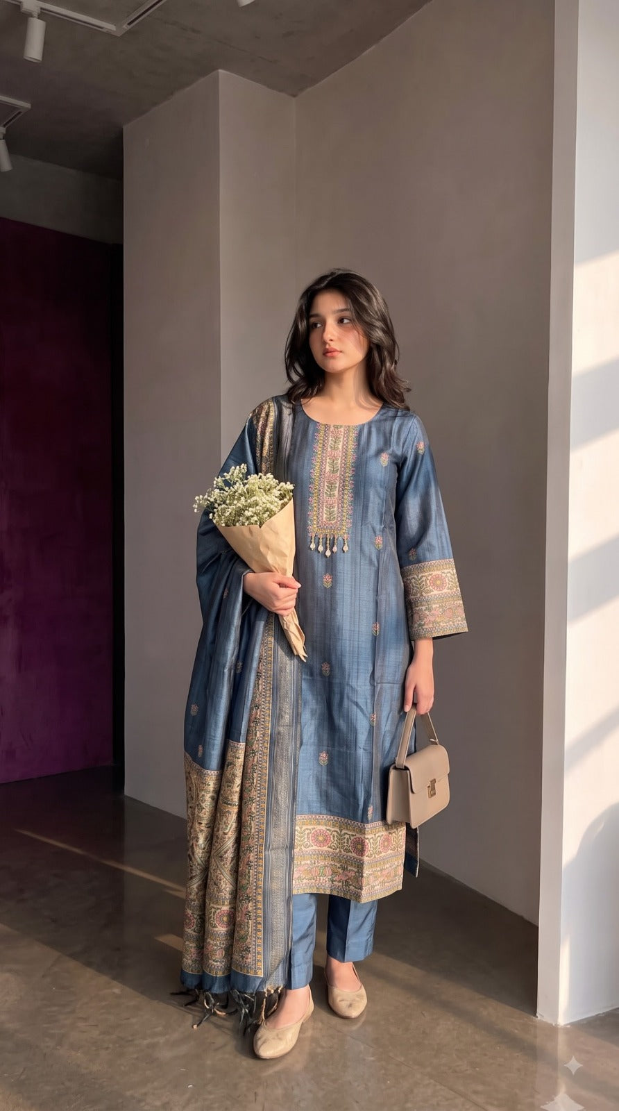 Super pretty linen chanderi blue suit set