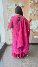 Pure Banarasi handcrafted mulchanderi layered gown with dupatta in Rani pink