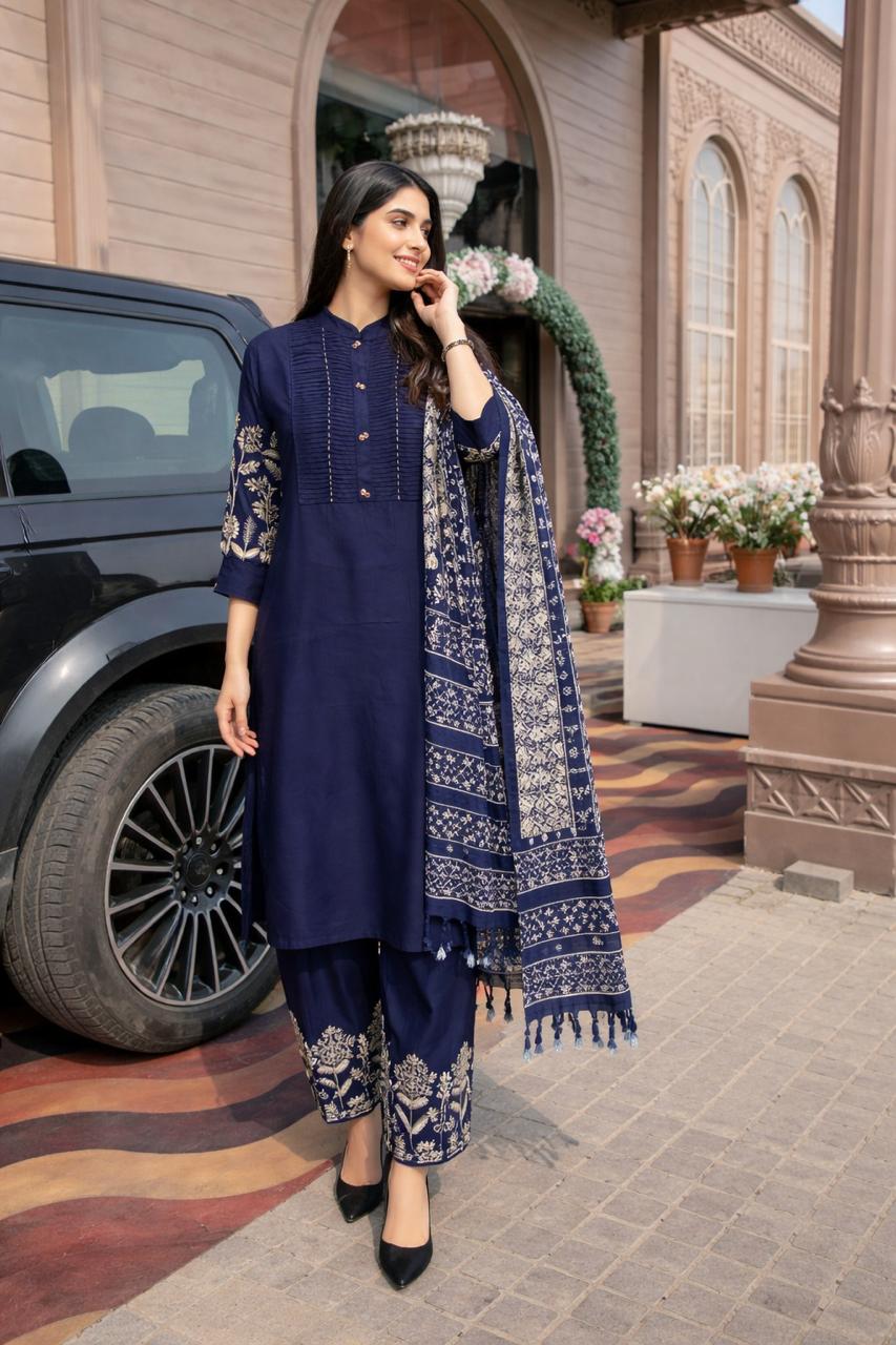Heavy rayon fully embroidered paired with cotton silk dupatta