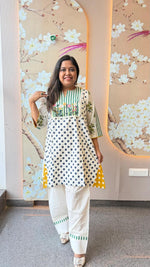Pretty polka dot yoke embroidered farshi salwar co ord set in pure cotton . Both sided lining