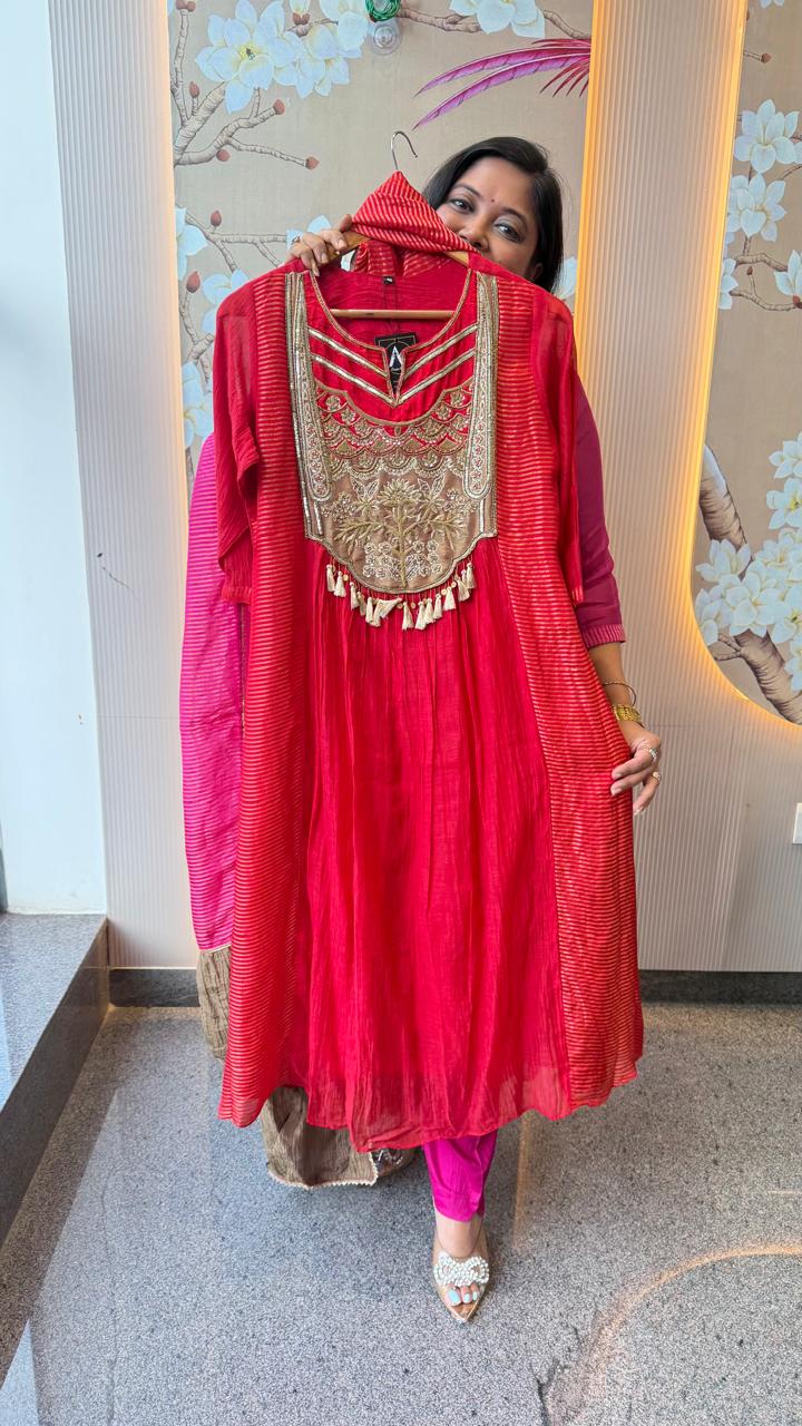 Pure Banarasi Mul chanderi in red with super gorgeous handwork suit set