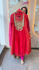 Pure Banarasi Mul chanderi in red with super gorgeous handwork suit set