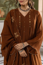 Mul Chanderi embroidered full Suit set in brown
