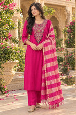 Premium Mul chanderi hand embroidery in Rani pink