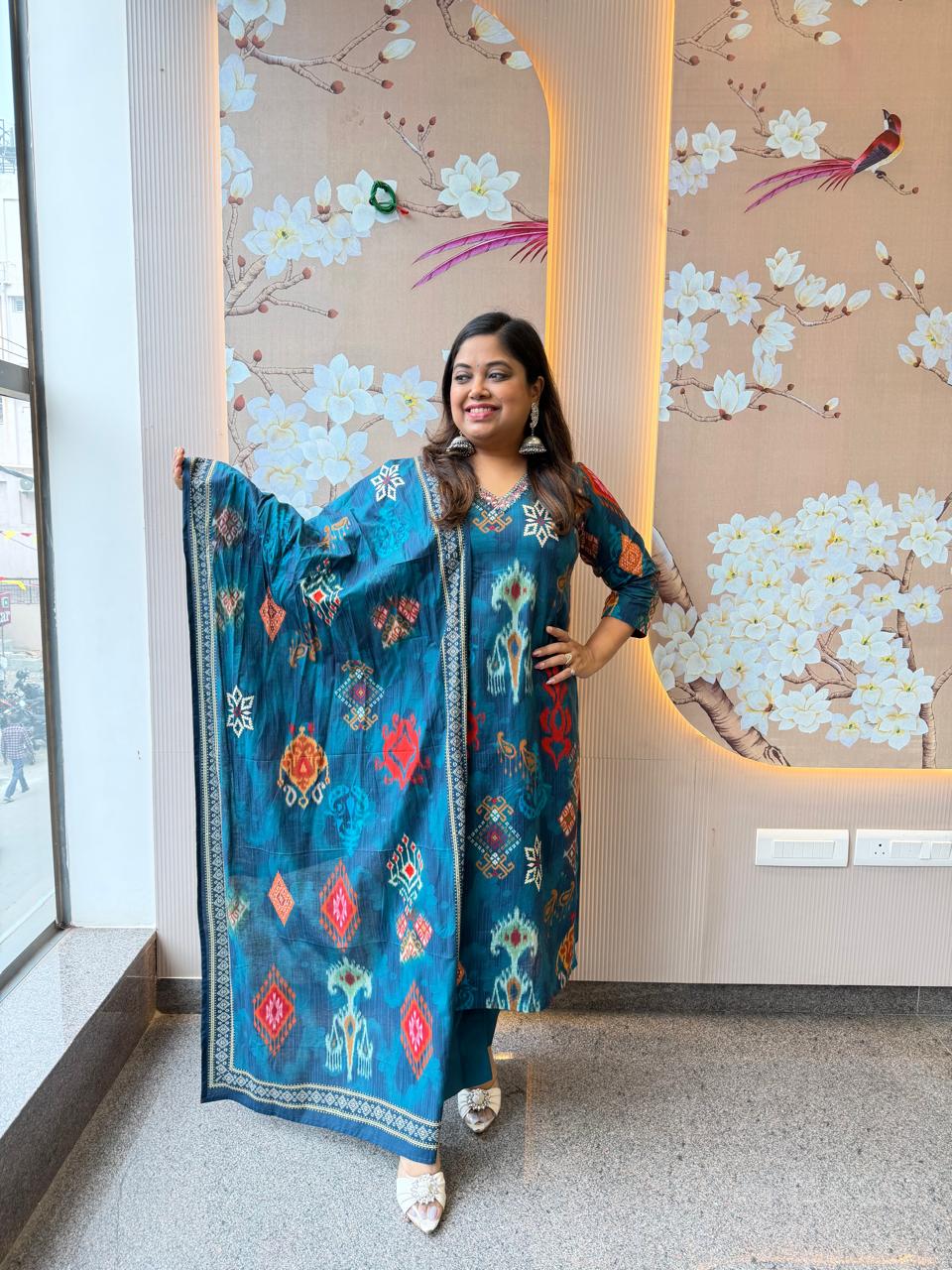 Blue Ikkat cotton suit set