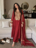 Red pure Mul chanderi with zari detailing full suit set