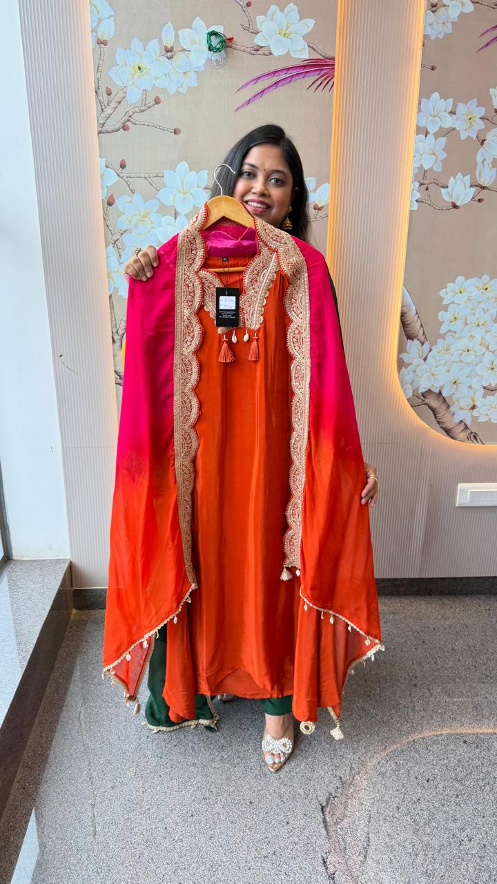 Premium pure crepe zari detailing full suit set( slim fit margin available) in orange