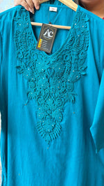 Silly cotton lace detailing full suit set with pockets in pant in blue