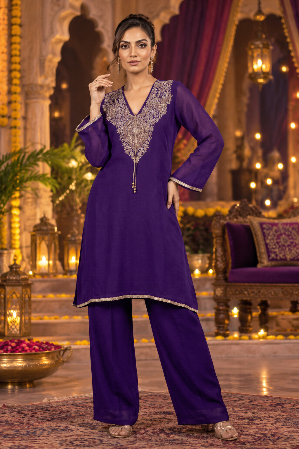 Premium chinon handwork Co ord set Purple