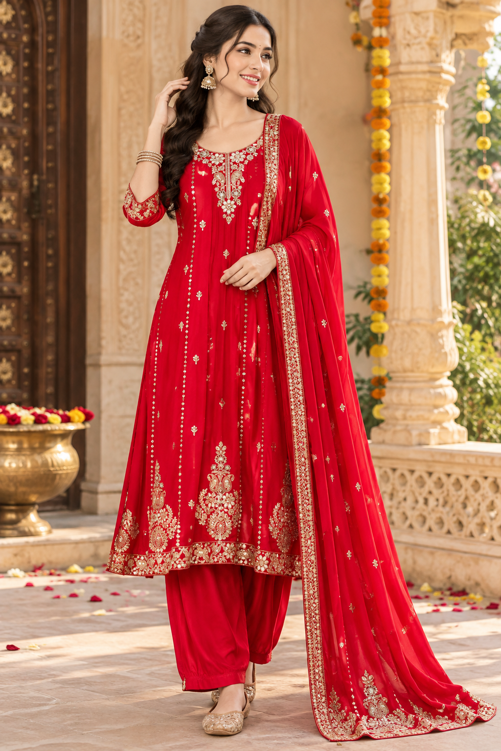 Super premium chinon Anarkali suit set in red