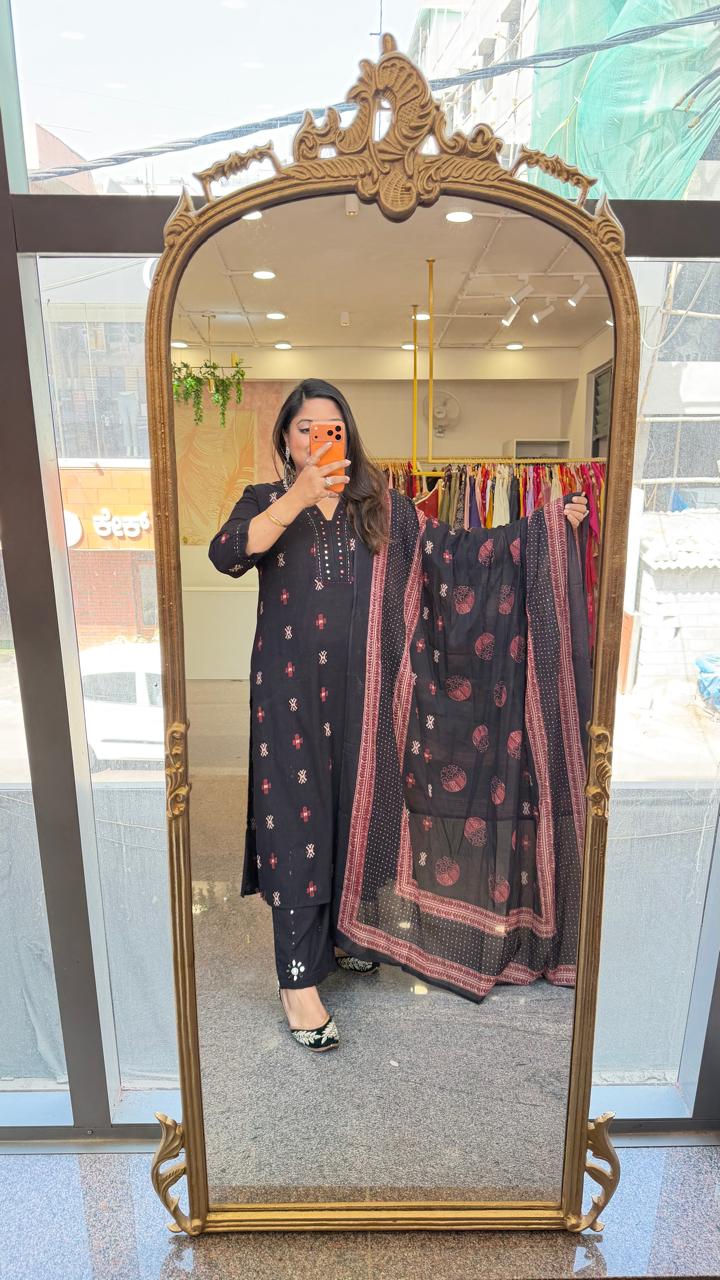 Ikkat print , full mirror work on pants black full suit set set