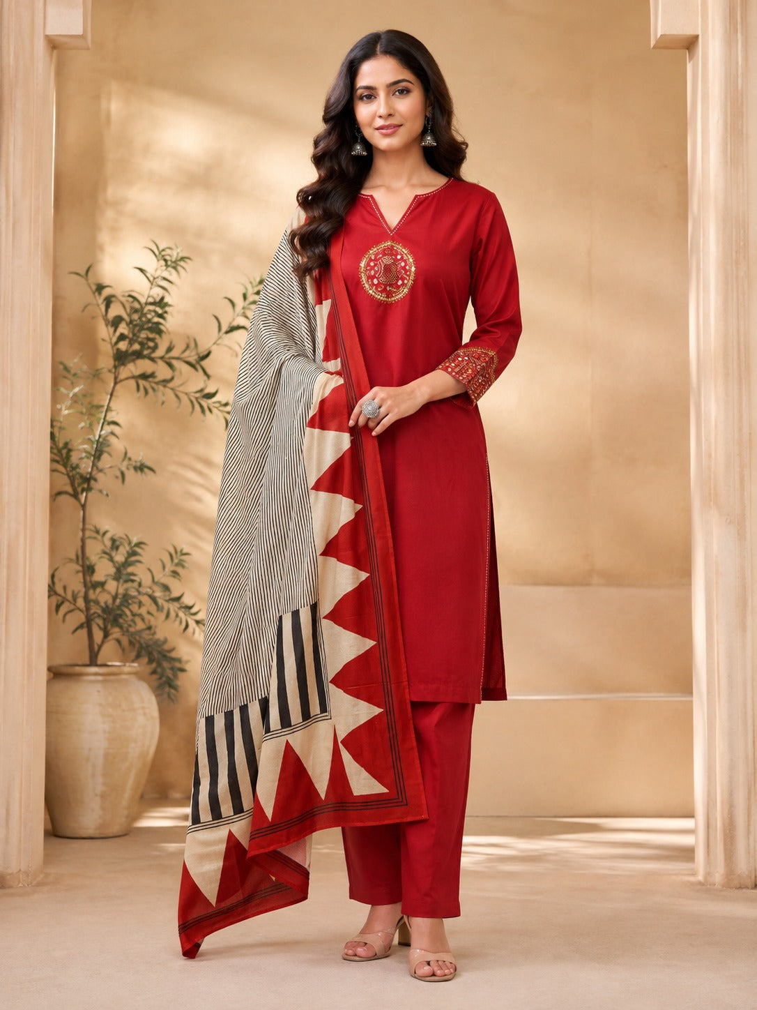 Super pretty cotton embroidered suit set in red