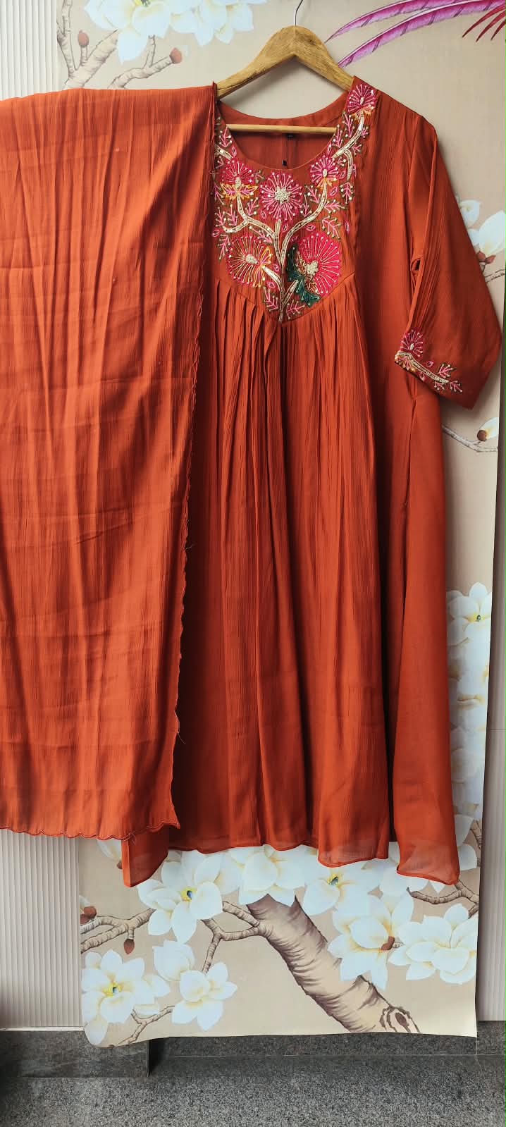 Pretty crush mulchanderi handwork suit set in rust