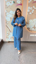 Pretty crepe silk with pocket designer sleeves co ord in blue