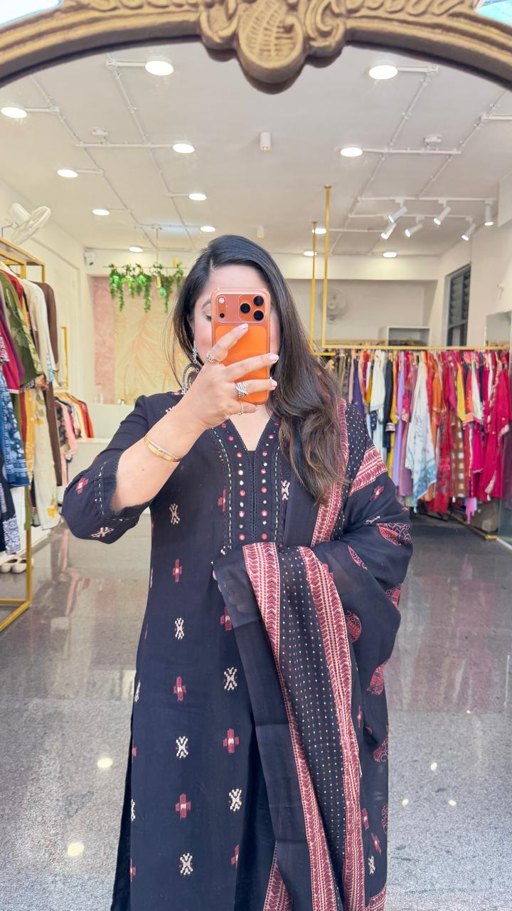 Ikkat print , full mirror work on pants black full suit set set