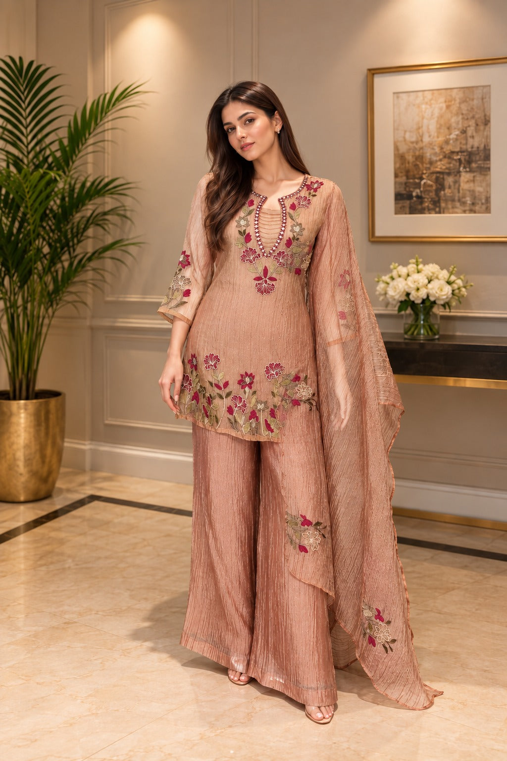 Tissue applique suit set in pink