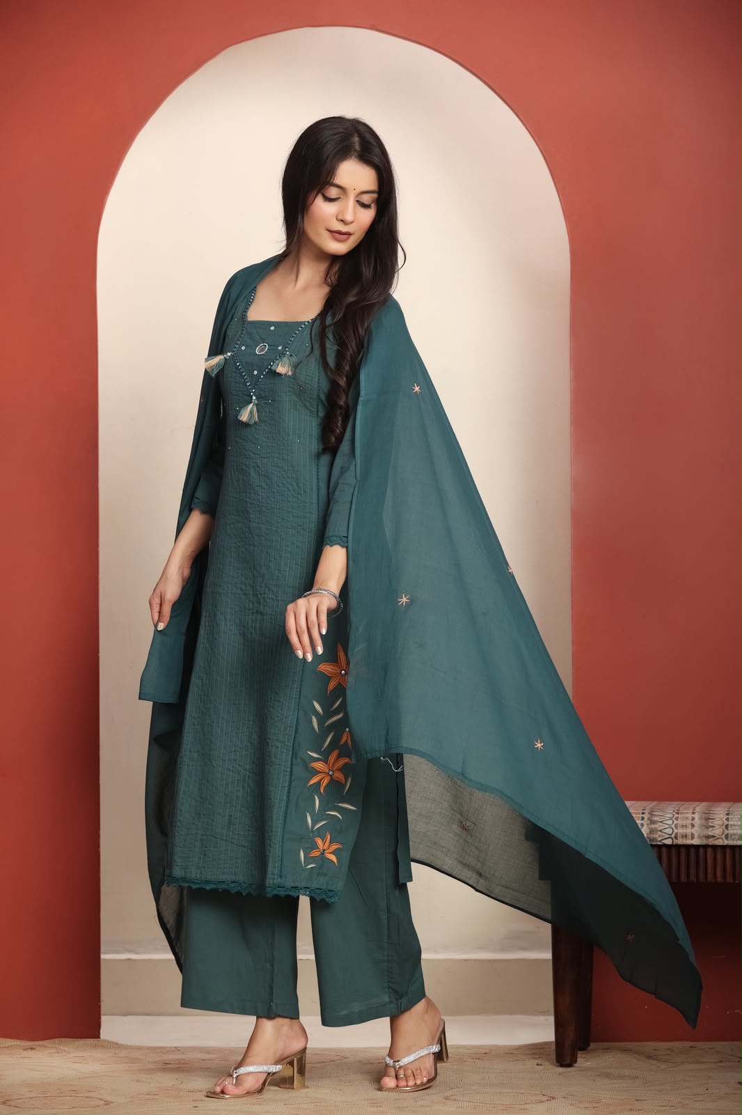Pure cotton real mirror pintux work embroidery suit set in green