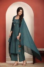 Pure cotton real mirror pintux work embroidery suit set in green