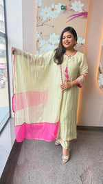 Pista green Mul chanderi lining Anarkali suit set