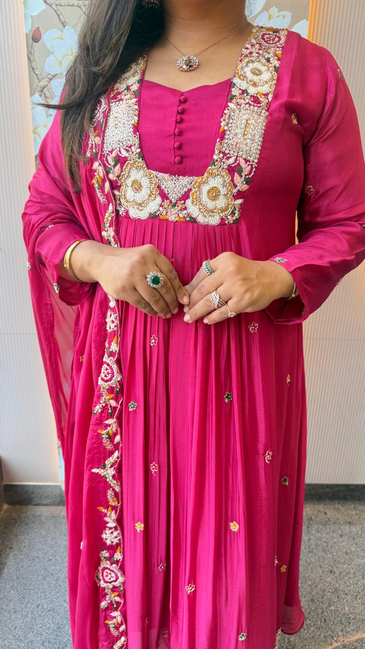 Premium chinon handwork Anarkali suit set in pink