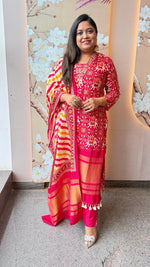 Pretty Russian silk real mirror Patola suit set in rani pink