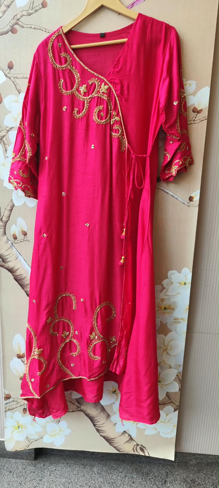 Premium dola silk Rani pink hand work suit set