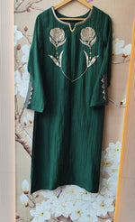Wow designer applique bottle green suit set in pure Mul chanderi