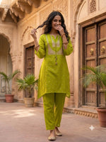 Premium chinon zari detailing co ord in green