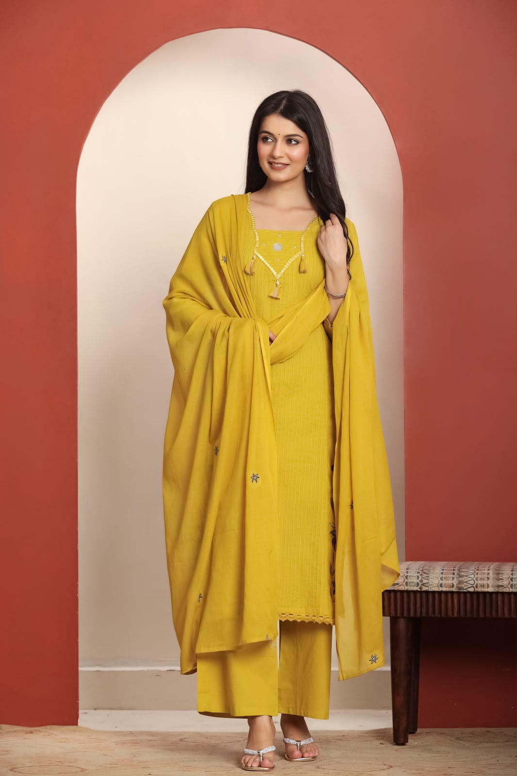 Pure cotton real mirror pintux work embroidery suit set in yellow