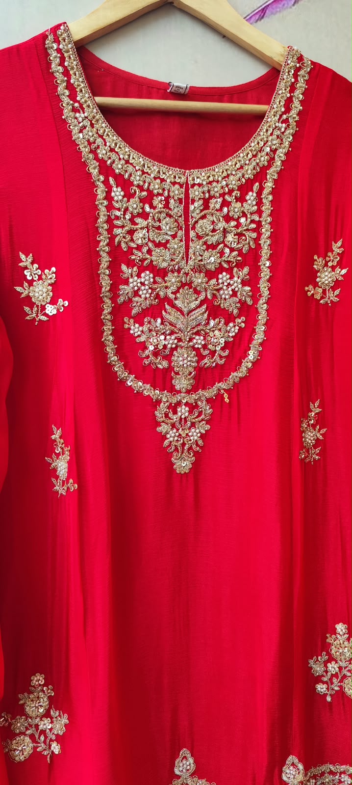 Premium chinon hand work suit in red