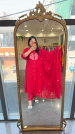 Mul cotton embroidered lining suit set set with pocket in red