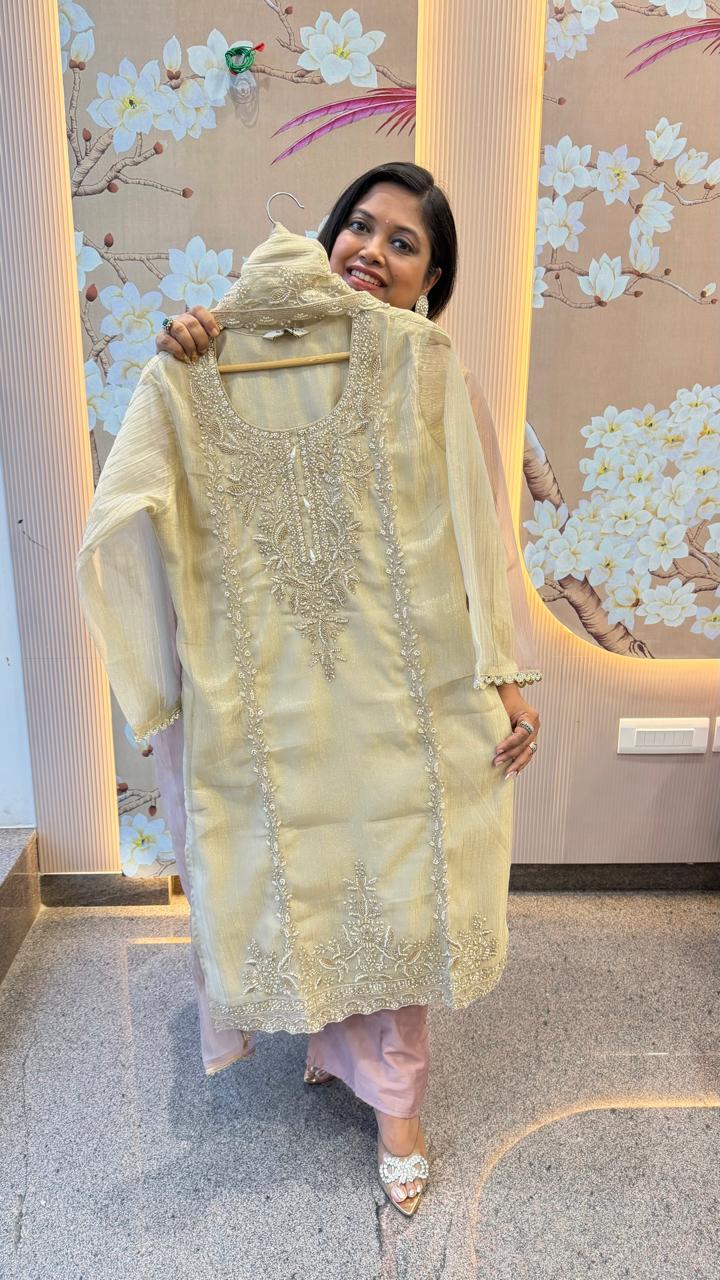 Premium handwork detailing suit set in salsa tissue in cream (loose fit )