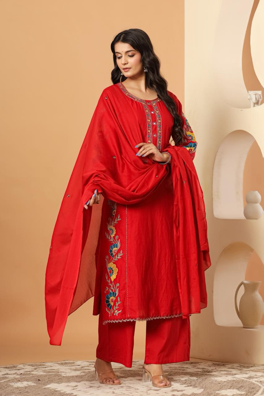Pure cotton appliqué and zari embroidery suit set in red