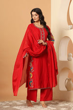 Pure cotton appliqué and zari embroidery suit set in red