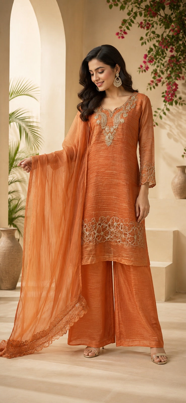 Crush tissue applique suit set orange