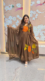 Mul cotton applique work lining full suit set in brown