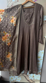 Premium chinon full sequins detailing Anarkali suit set paired with weaved banarsai dupatta in brown