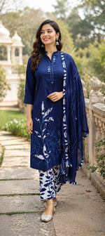 Blue indigo cotton applique suit set