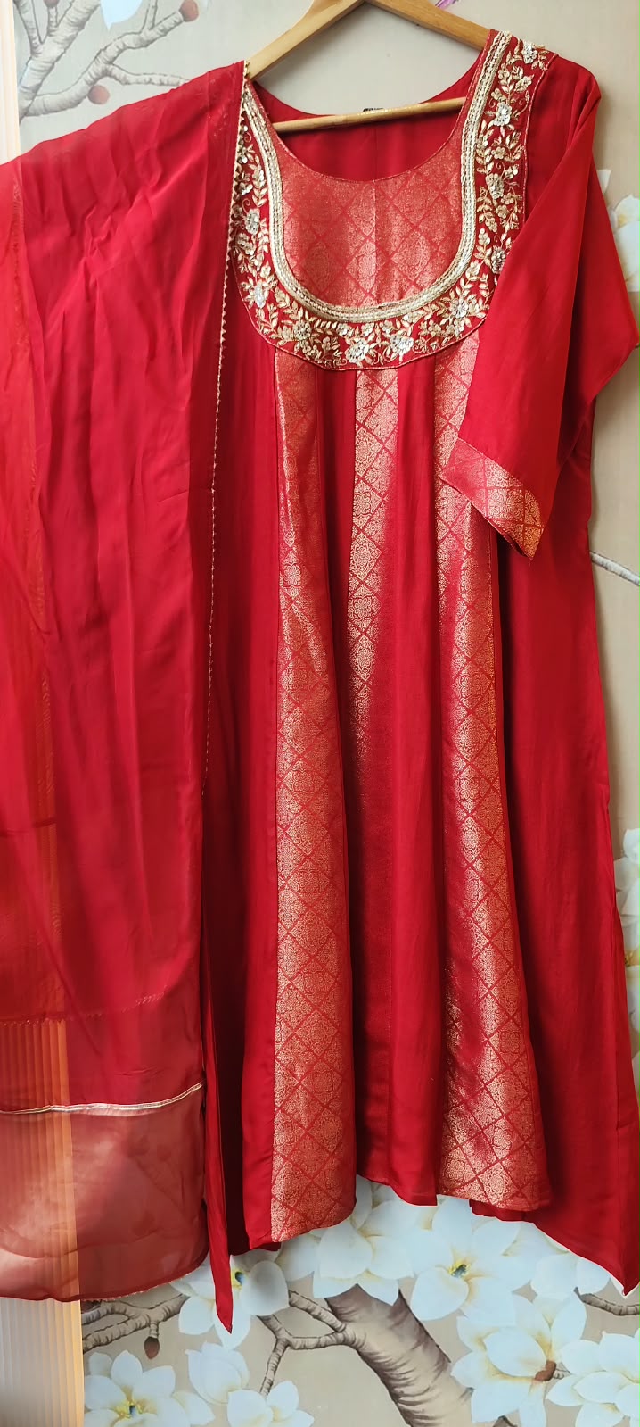 Designer panel brocade Anarkali full suit in red