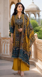 Crepe silk lining suit set in pink in yellow n blue