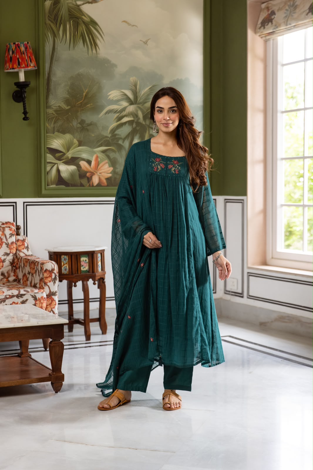 Pure Mul cotton Cheks suit set in teal