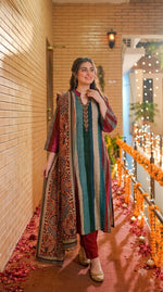 Gorgeous Russian silk suit set paired with Kalamkari dupatta